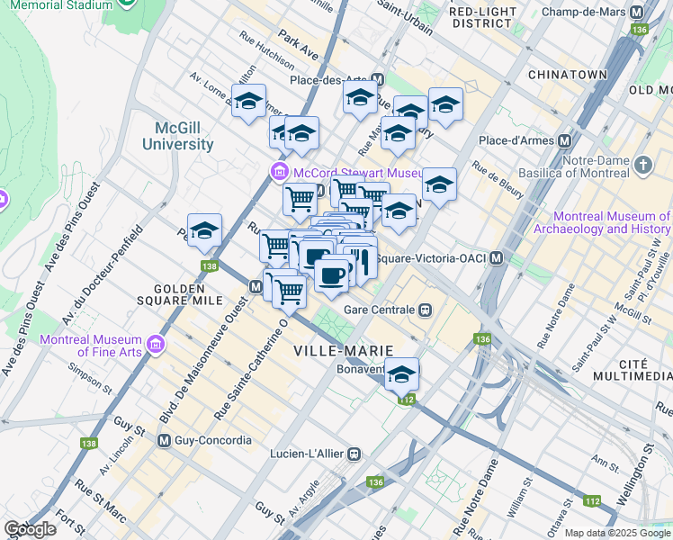map of restaurants, bars, coffee shops, grocery stores, and more near in Montreal