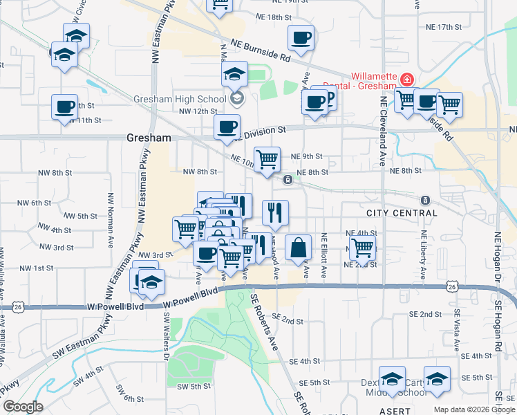 map of restaurants, bars, coffee shops, grocery stores, and more near 260 Northeast 5th Street in Gresham