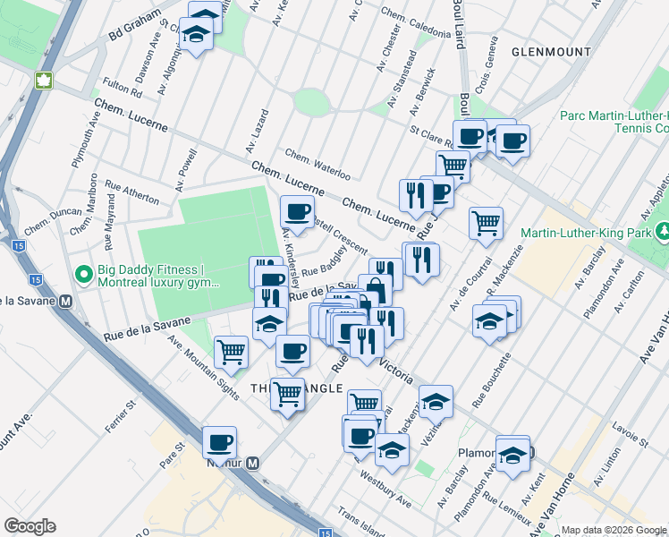 map of restaurants, bars, coffee shops, grocery stores, and more near 4180 Rue Badgley in Montréal