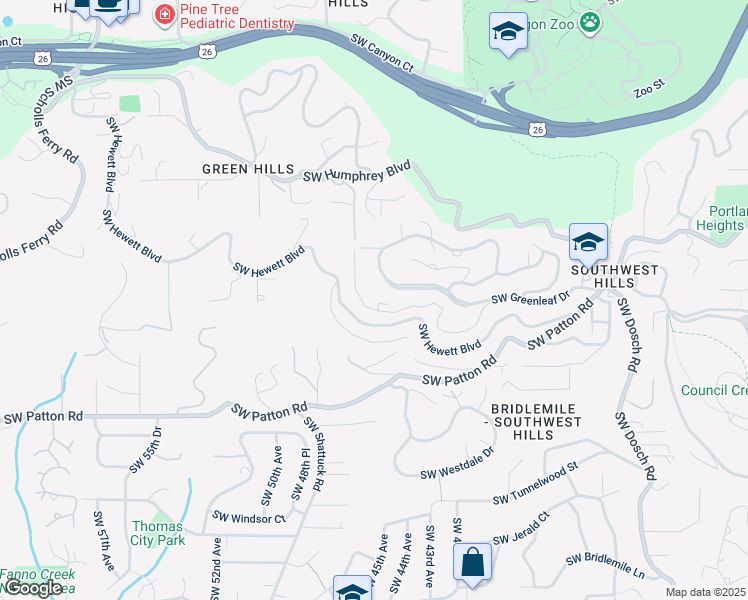 map of restaurants, bars, coffee shops, grocery stores, and more near 4455 Southwest Greenhills Way in Portland