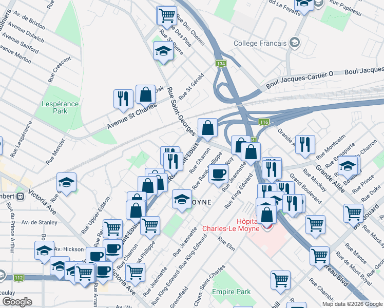 map of restaurants, bars, coffee shops, grocery stores, and more near 262A Rue Saint-Louis in Longueuil