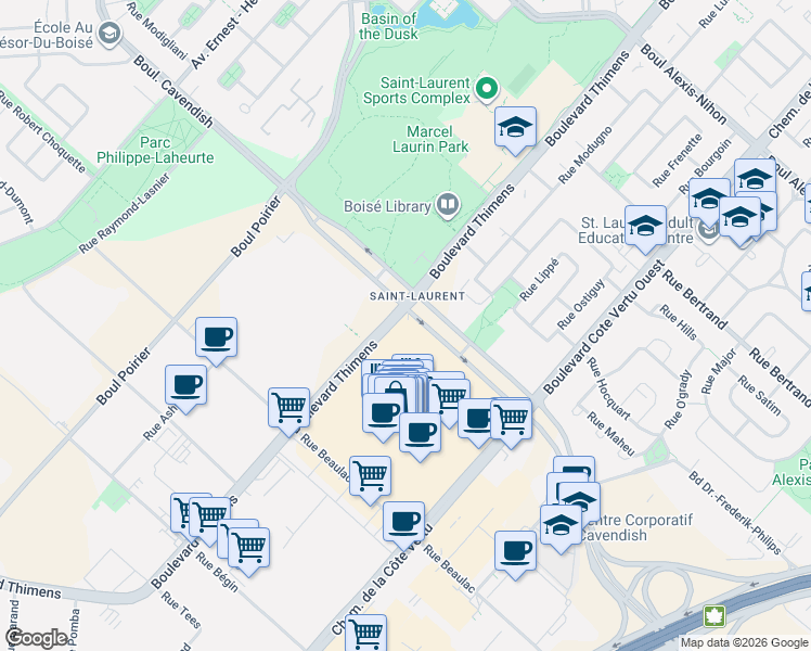 map of restaurants, bars, coffee shops, grocery stores, and more near 3000 Boulevard Thimens in Montrã©Al