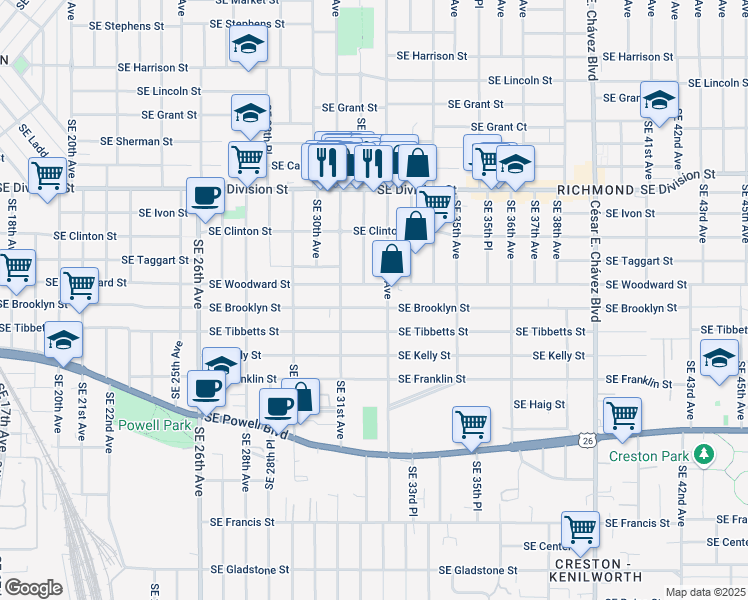 map of restaurants, bars, coffee shops, grocery stores, and more near 3215 Southeast Brooklyn Street in Portland