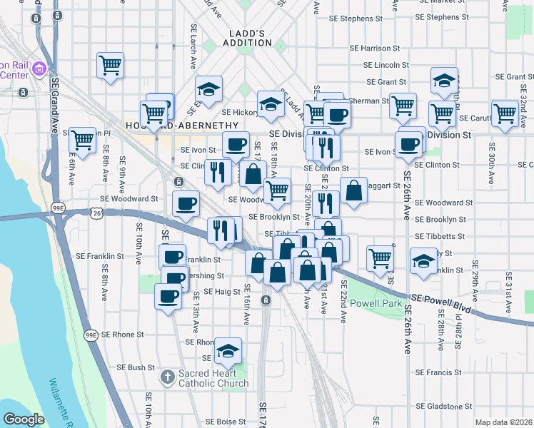 map of restaurants, bars, coffee shops, grocery stores, and more near 1741 Southeast Brooklyn Street in Portland