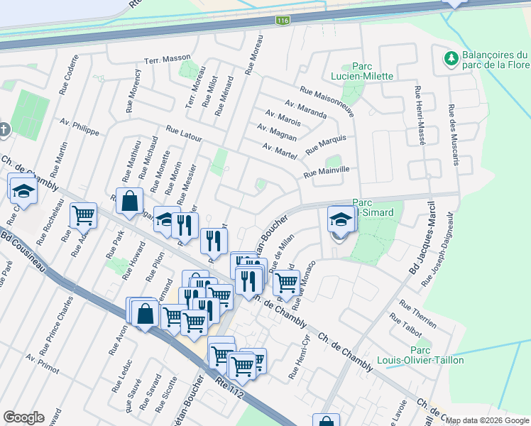 map of restaurants, bars, coffee shops, grocery stores, and more near 5983 Rue des Mangliers in Longueuil