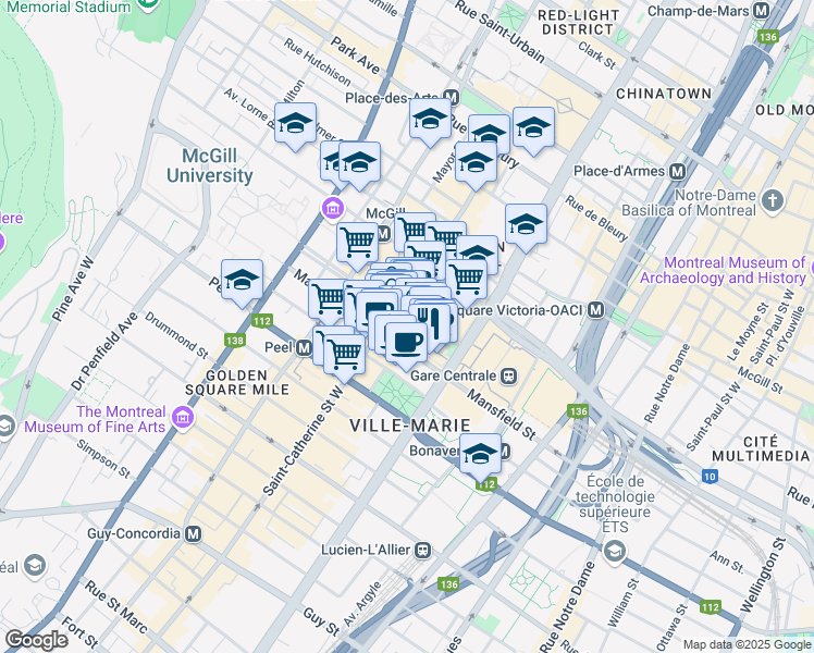 map of restaurants, bars, coffee shops, grocery stores, and more near 1200 Avenue McGill College in Montréal