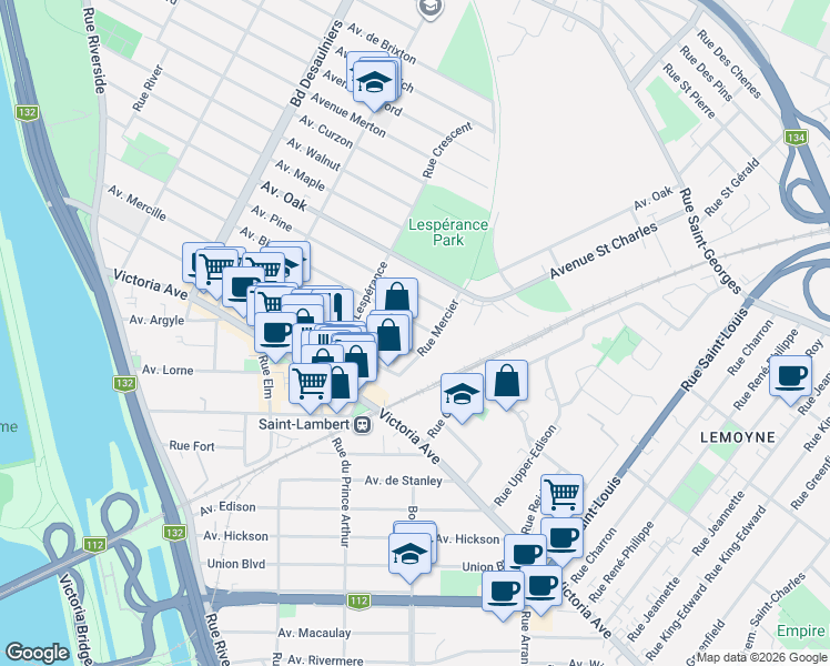 map of restaurants, bars, coffee shops, grocery stores, and more near 685 Avenue Birch in Saint-Lambert