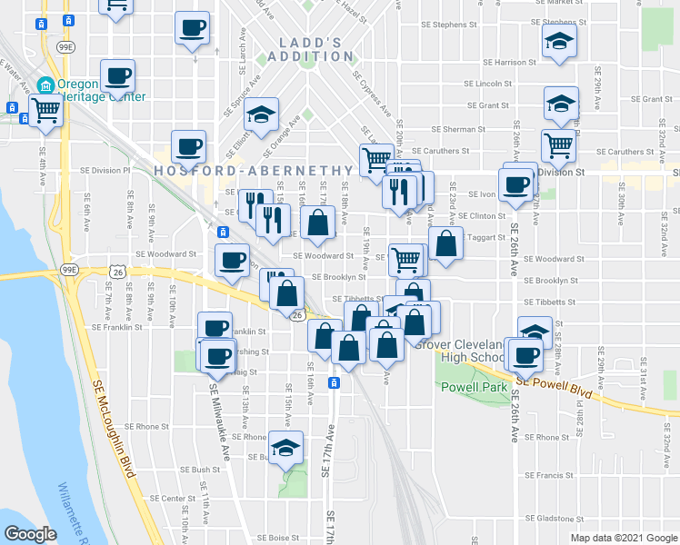 map of restaurants, bars, coffee shops, grocery stores, and more near 1741 Southeast Brooklyn Street in Portland