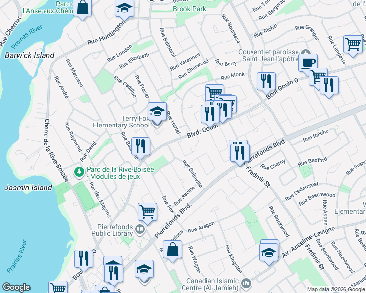 map of restaurants, bars, coffee shops, grocery stores, and more near 13230 Boulevard Gouin Ouest in Montréal
