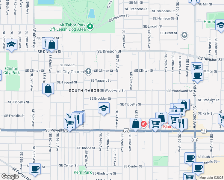 map of restaurants, bars, coffee shops, grocery stores, and more near 7055 Southeast Brooklyn Street in Portland
