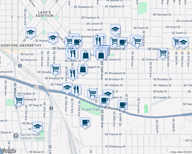 map of restaurants, bars, coffee shops, grocery stores, and more near 3004 Southeast 25th Avenue in Portland
