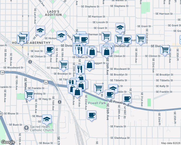 map of restaurants, bars, coffee shops, grocery stores, and more near 2224 Southeast Brooklyn Street in Portland