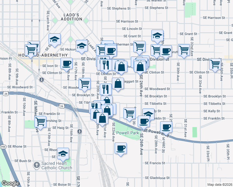map of restaurants, bars, coffee shops, grocery stores, and more near 2224 Southeast Brooklyn Street in Portland