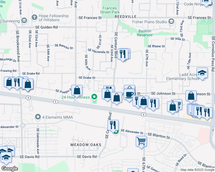 map of restaurants, bars, coffee shops, grocery stores, and more near 2405 Southeast Century Boulevard in Hillsboro