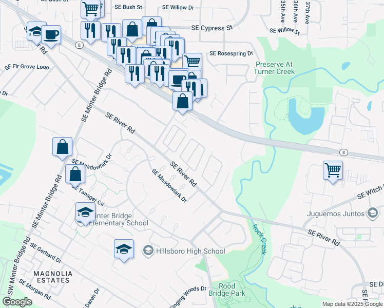 map of restaurants, bars, coffee shops, grocery stores, and more near 2651 Southeast River Road in Hillsboro