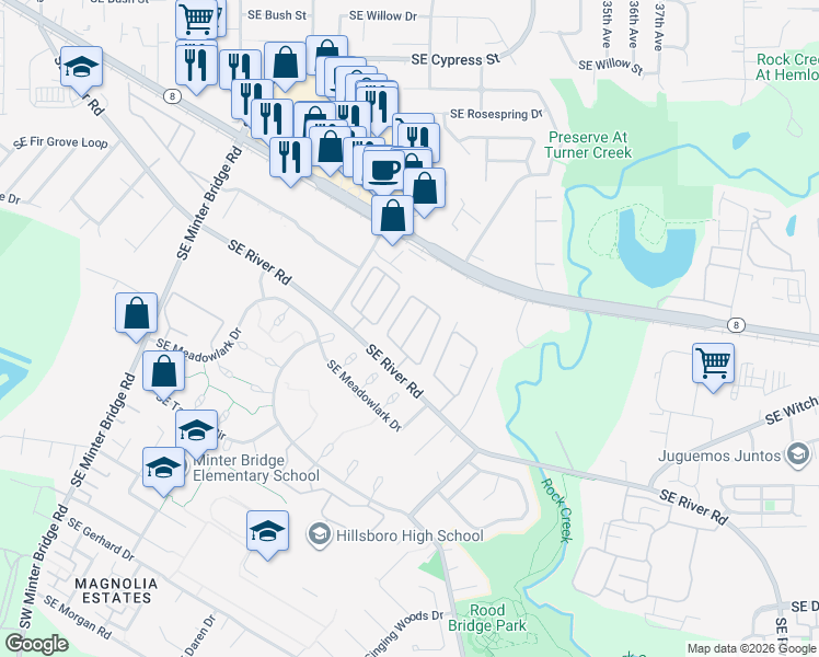 map of restaurants, bars, coffee shops, grocery stores, and more near 2651 Southeast River Road in Hillsboro
