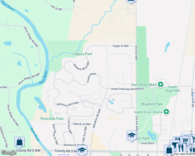 map of restaurants, bars, coffee shops, grocery stores, and more near 709 Isanti Parkway Northwest in Isanti
