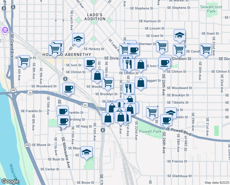 map of restaurants, bars, coffee shops, grocery stores, and more near 1903 Southeast Brooklyn Street in Portland