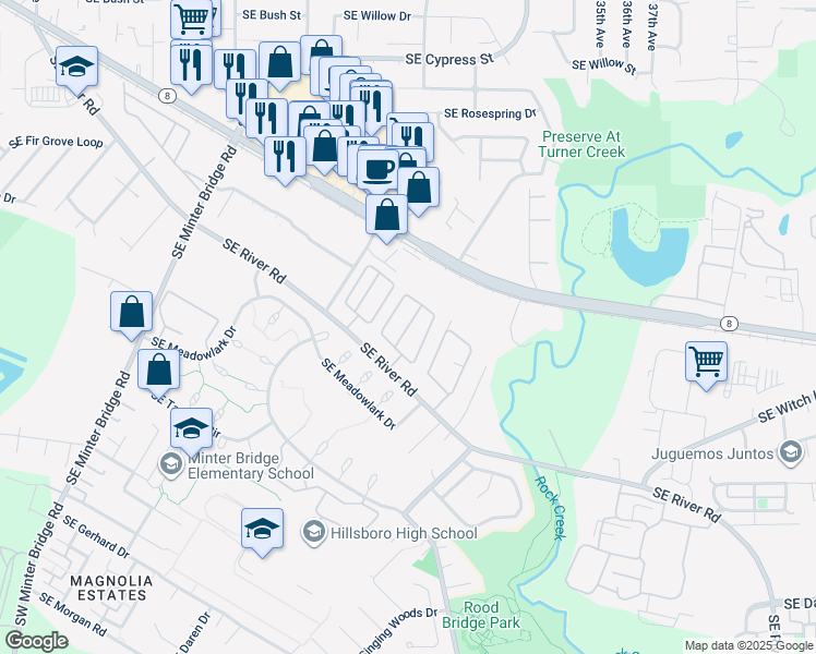map of restaurants, bars, coffee shops, grocery stores, and more near 2651 Southeast River Road in Hillsboro