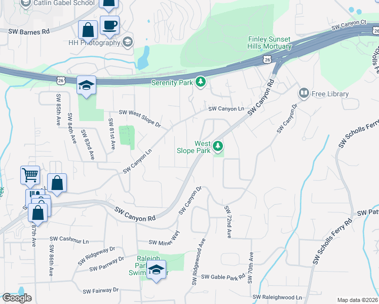 map of restaurants, bars, coffee shops, grocery stores, and more near 2480 Southwest 75th Terrace in Portland