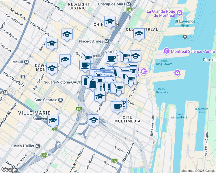 map of restaurants, bars, coffee shops, grocery stores, and more near 417 Rue Notre-Dame Ouest in Montréal