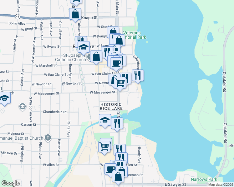 map of restaurants, bars, coffee shops, grocery stores, and more near 16 South Main Street in Rice Lake