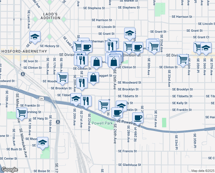 map of restaurants, bars, coffee shops, grocery stores, and more near 3004 Southeast 25th Avenue in Portland