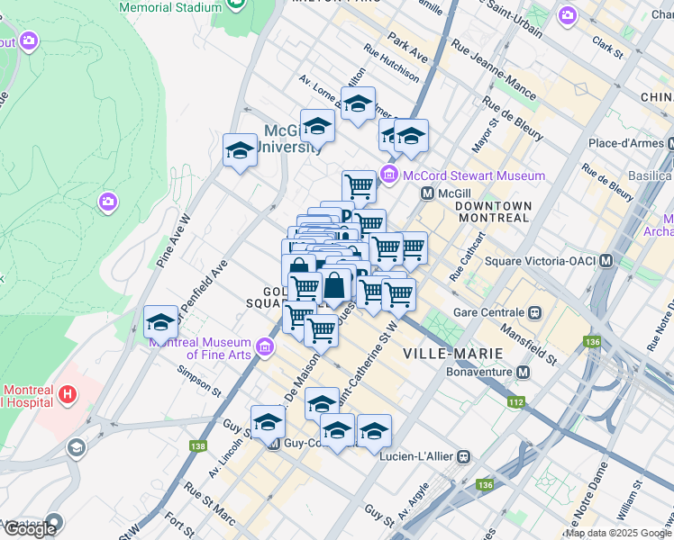 map of restaurants, bars, coffee shops, grocery stores, and more near in Montreal