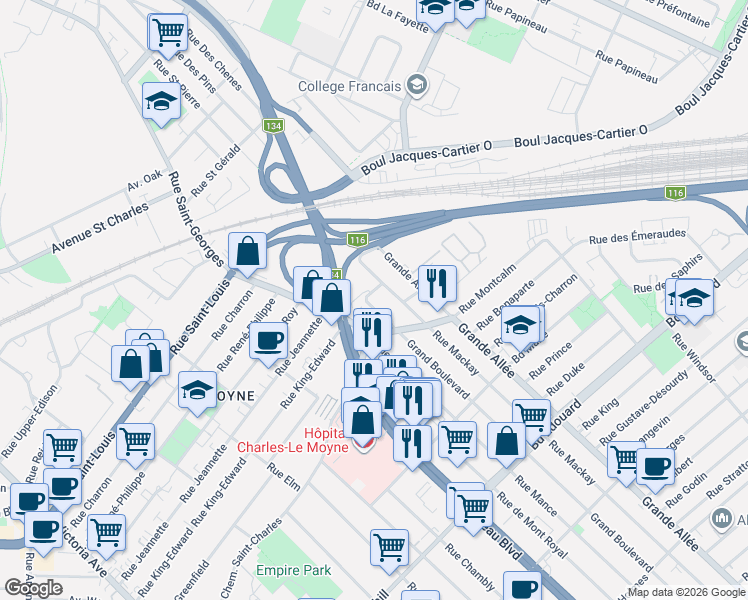 map of restaurants, bars, coffee shops, grocery stores, and more near 2050 Rue Francis in Longueuil