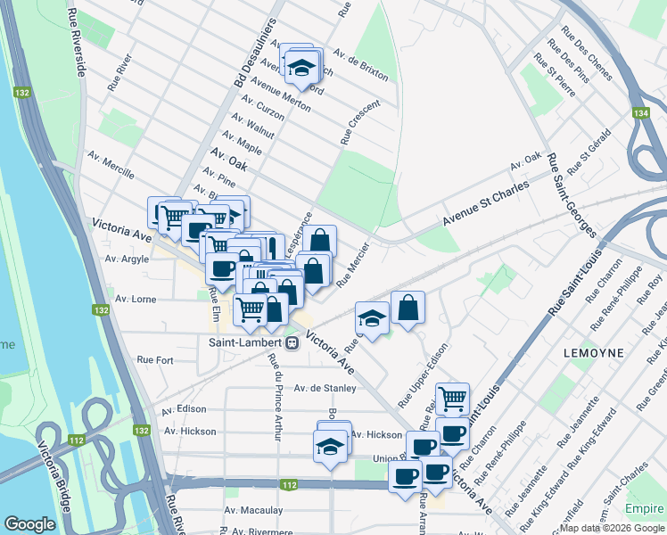 map of restaurants, bars, coffee shops, grocery stores, and more near 681 Avenue Birch in Saint-Lambert