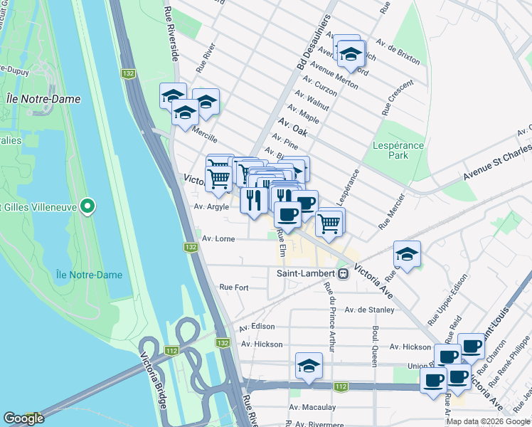 map of restaurants, bars, coffee shops, grocery stores, and more near 465 Avenue Victoria in Saint-Lambert