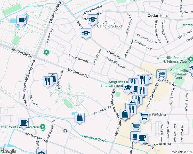 map of restaurants, bars, coffee shops, grocery stores, and more near Southwest Jenkins Road in Beaverton