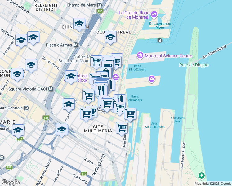 map of restaurants, bars, coffee shops, grocery stores, and more near 283 Rue de la Commune Ouest in Montréal