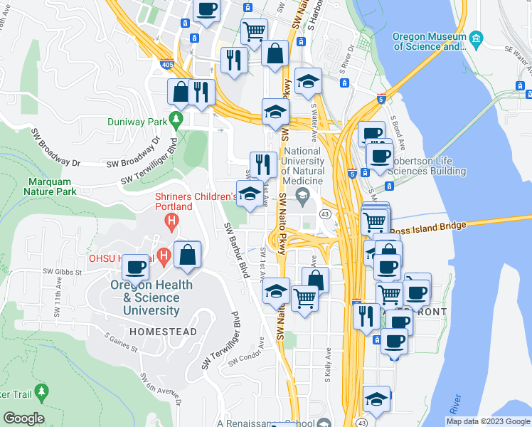 map of restaurants, bars, coffee shops, grocery stores, and more near Southwest 1st Avenue & Southwest Porter Street in Portland