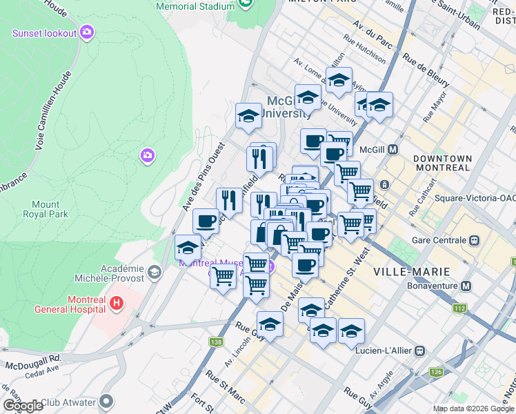 map of restaurants, bars, coffee shops, grocery stores, and more near 3455 Rue Drummond in Montréal