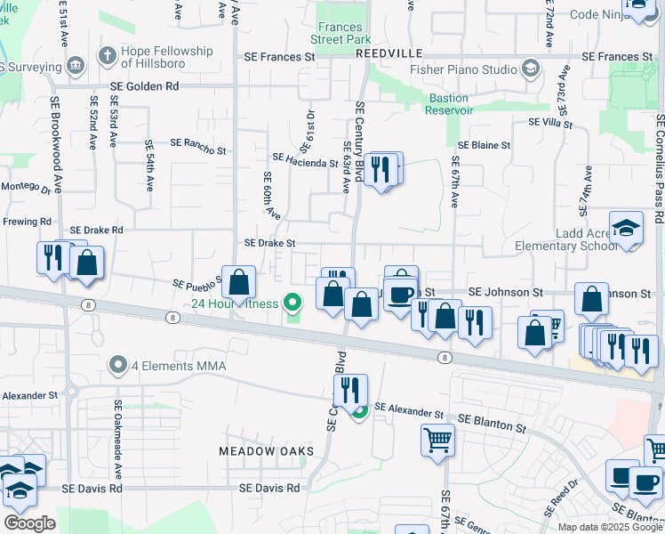 map of restaurants, bars, coffee shops, grocery stores, and more near 2405 Southeast Century Boulevard in Hillsboro