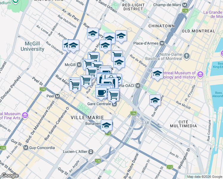 map of restaurants, bars, coffee shops, grocery stores, and more near 1100 Boulevard Robert-Bourassa in Montréal