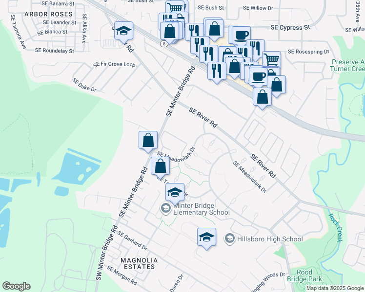 map of restaurants, bars, coffee shops, grocery stores, and more near 2040 Southeast Quail Circle in Hillsboro