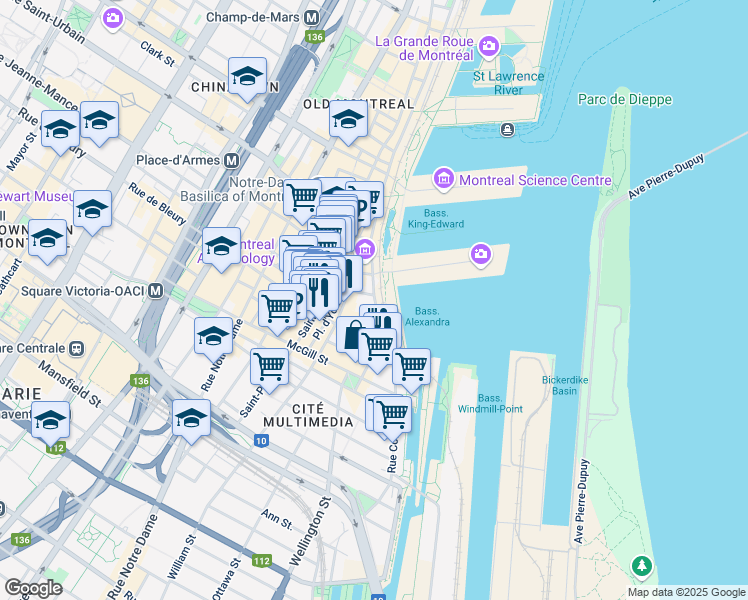 map of restaurants, bars, coffee shops, grocery stores, and more near Rue de la Commune Ouest in Montréal