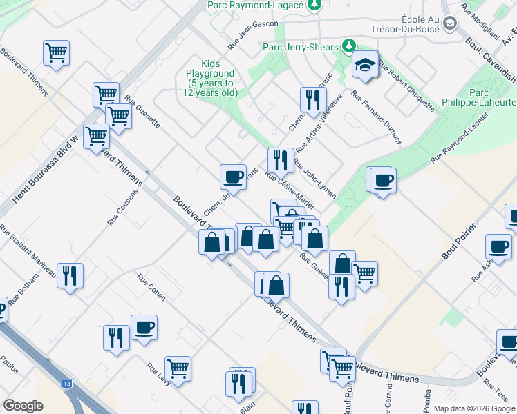 map of restaurants, bars, coffee shops, grocery stores, and more near 2493 Rue Guénette in Montréal