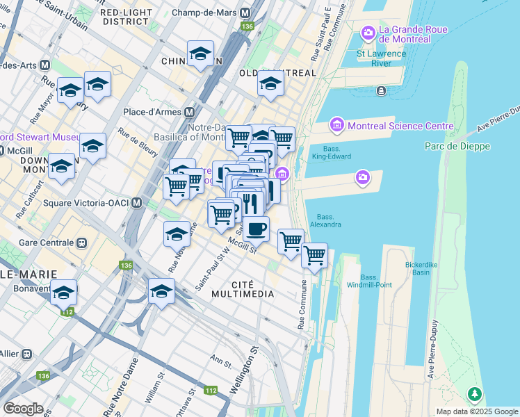 map of restaurants, bars, coffee shops, grocery stores, and more near 291 Place d'Youville in Montréal