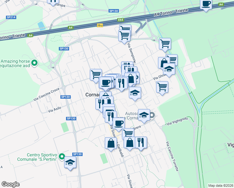 map of restaurants, bars, coffee shops, grocery stores, and more near 62 Piazza Libertà in Cornaredo