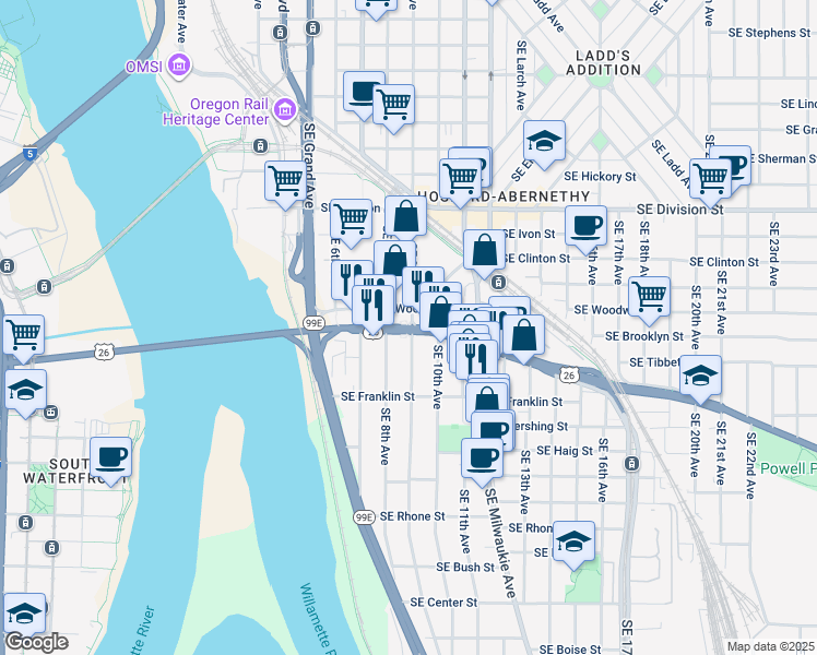 map of restaurants, bars, coffee shops, grocery stores, and more near SE Powell Blvd & SE 9th Ave in Portland