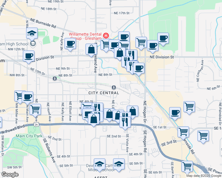 map of restaurants, bars, coffee shops, grocery stores, and more near 1181 Northeast 5th Street in Gresham