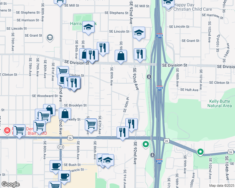 map of restaurants, bars, coffee shops, grocery stores, and more near 2819-2835 Southeast 90th Place in Portland