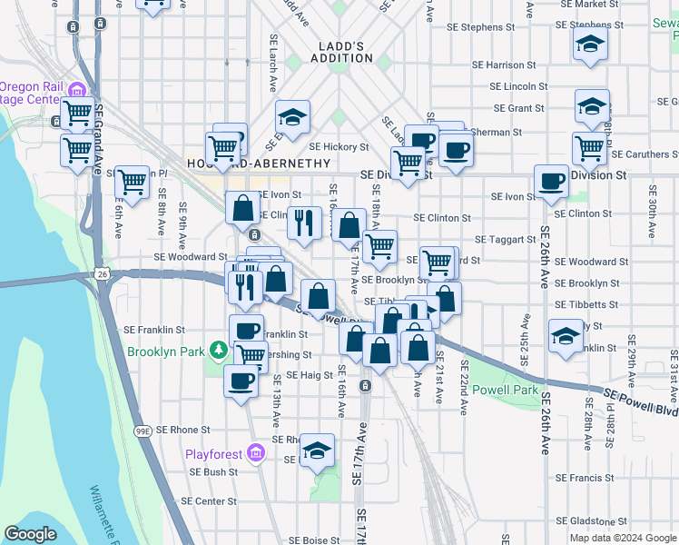 map of restaurants, bars, coffee shops, grocery stores, and more near 3035 Southeast 17th Avenue in Portland