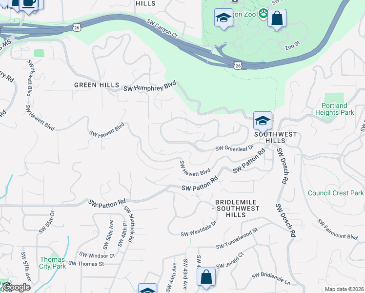 map of restaurants, bars, coffee shops, grocery stores, and more near 4334 Southwest Greenhills Way in Portland