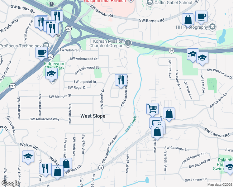 map of restaurants, bars, coffee shops, grocery stores, and more near 2495 Southwest Timberline Drive in Portland