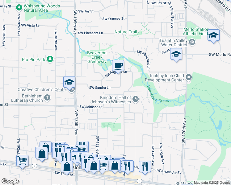 map of restaurants, bars, coffee shops, grocery stores, and more near 17959 Southwest Camas Street in Beaverton