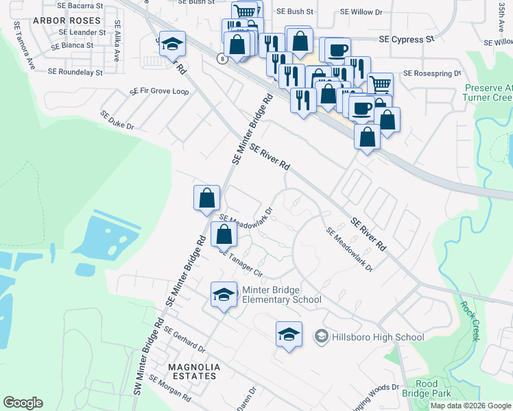 map of restaurants, bars, coffee shops, grocery stores, and more near 2040 Southeast Quail Circle in Hillsboro